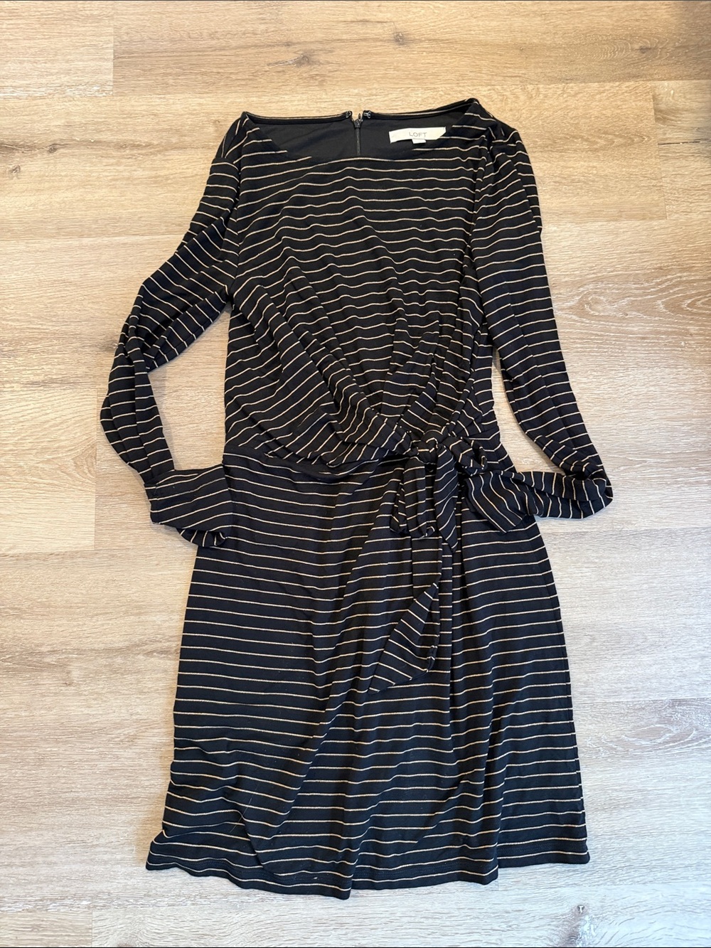 LOFT Black Dress with Gold Stripes and Tie-Waist